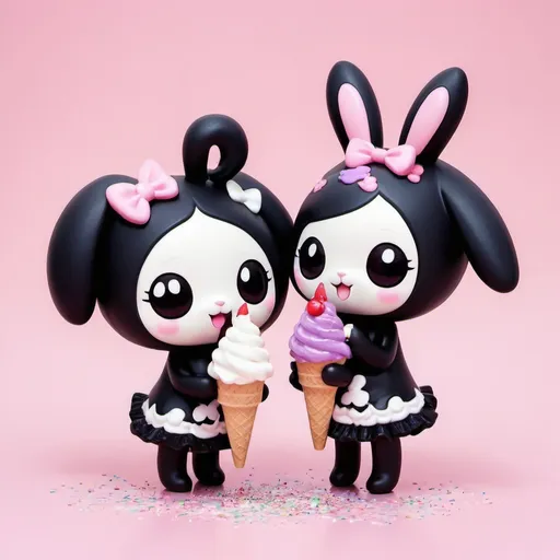 Prompt: kawaii kuromi and my melody eating ice cream with sprinkles and blueberries