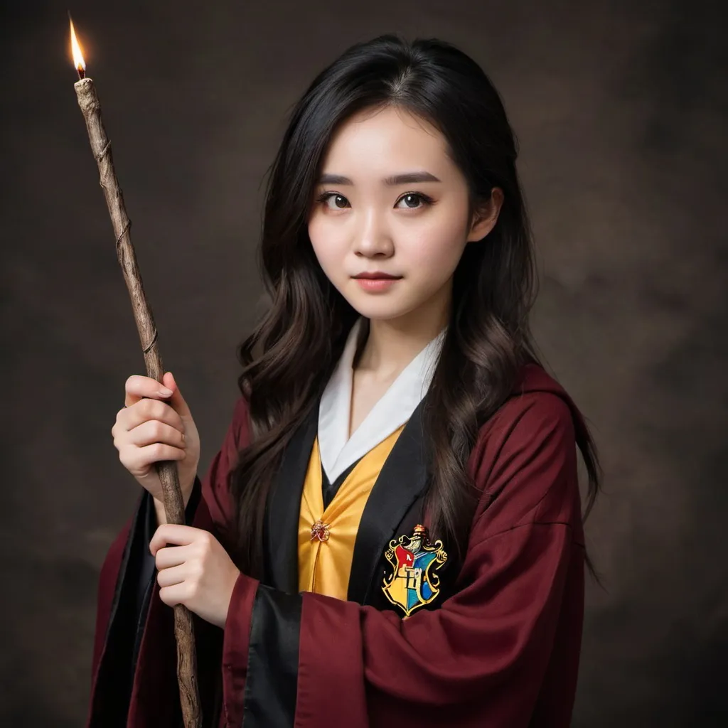 Prompt: a beatiful chinese girl with dark hair dresed in harry potter robes holding a wand