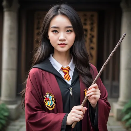 Prompt: a beatiful chinese girl with dark hair dresed in harry potter robes holding a wand