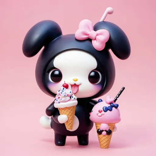 Prompt: kawaii kuromi and my melody eating ice cream with sprinkles and blueberries