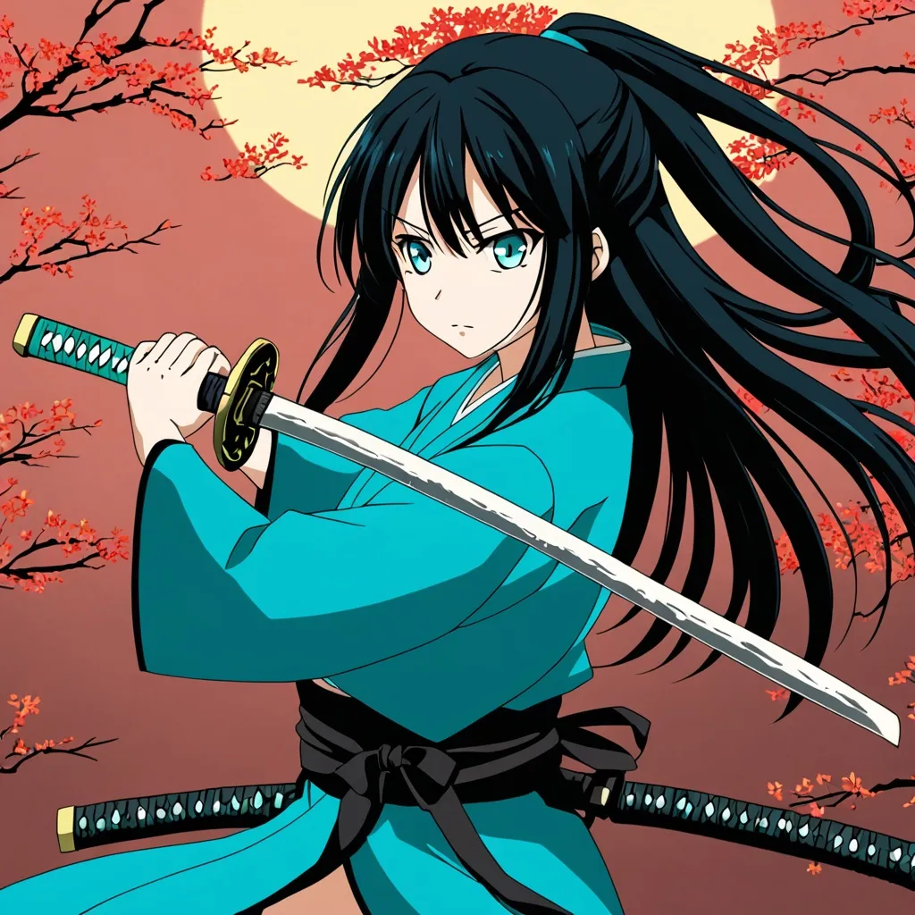 Prompt: anime, girl, long cyan and black hair with katana