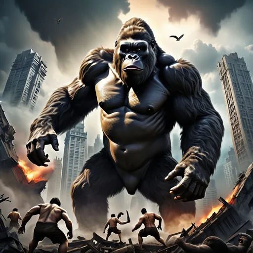 Prompt: (King Kong vs. Giju Monster), epic battle scene, colossal creatures clashing, dramatic poses filled with intensity, vibrant cinematic hues with vivid contrast, swirling clouds providing a moody backdrop, high-energy atmosphere filled with tension, ultra-detailed, dynamic composition, towering cityscape in ruins, debris scattered, examples of chaos and destruction, heart-pounding action, realism emphasizing the scale and ferocity of this battle, 4K resolution.