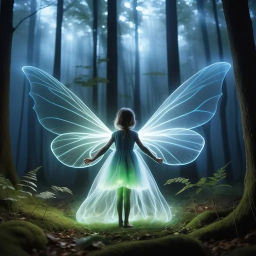 Prompt: Create an animation of an ethereal creature appearing in a forest clearing:  
- The creature floats above the ground, emitting a soft, glowing light that pulses between blue and green.  
- Its translucent wings flutter slowly, leaving sparkling trails in the air.  
- The creature circles the girl, creating subtle movements in the mist and causing nearby leaves to flutter.  
- Add interactive light effects: the glow illuminates her face and nearby foliage.  
- Include soft, magical sounds like chimes and gentle whooshes. Focus on high detail for the creature's body, wings, and light effects.  
