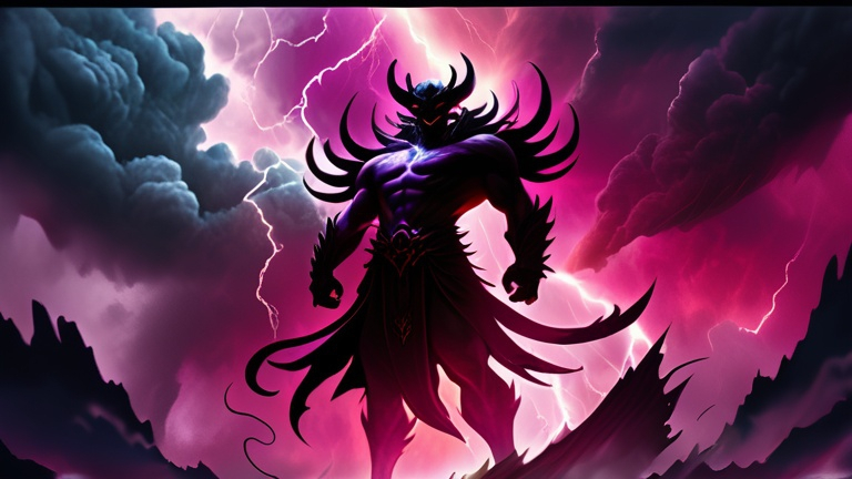 Prompt: silhouette demon god hover in the madness space around the magenta-red paricle and lightning storm, detailed oil paint