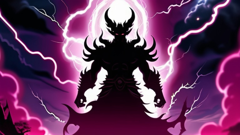 Prompt: silhouette demon god in the madness space around the magenta paricle and lightning storm and souls