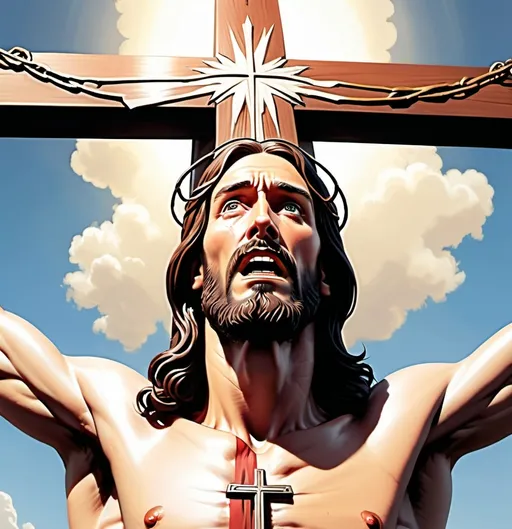 Prompt: Comic (in the style of marvel) - a wide shot straight on of jesus christ on the cross with his head hung


