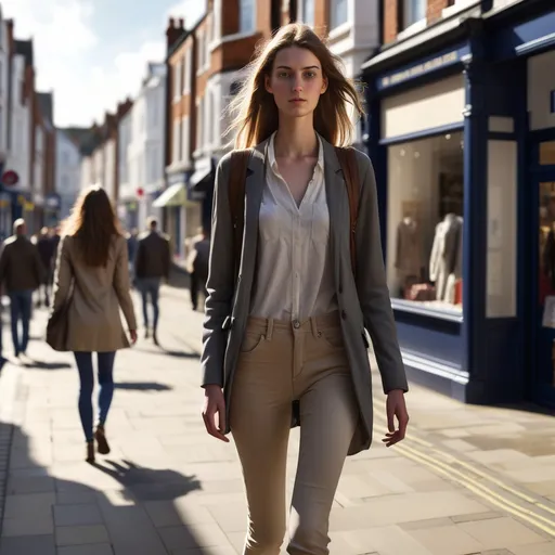 Prompt: Tall young woman walking down the high street, detailed clothing, realistic, natural lighting