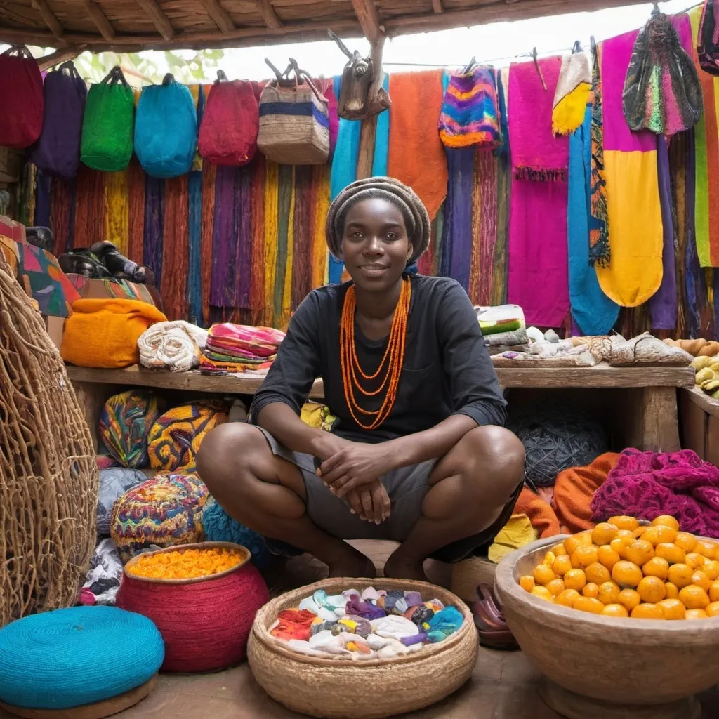 Prompt: Anansi sitting on a stall, surrounded by colorful goods