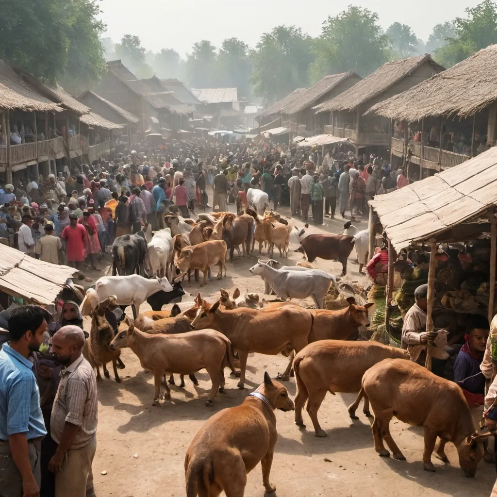 Prompt: A bustling crowd of villagers and animals in the marke mant