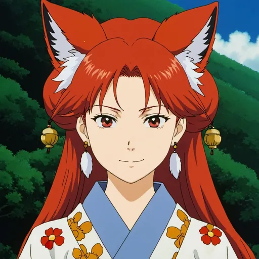 Prompt: 1990s anime screencap, red haired girl with fox ears and nine tails, anime scene, kimono, pale yellow eyes,  smirking, hair pin, earrings