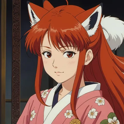 Prompt: 1990s anime screencap, red haired girl with fox ears and nine tails, anime scene, kimono, pale yellow eyes