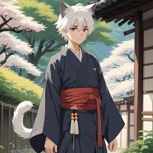 Prompt: 2d studio ghibli anime style, anime scene, boy, white hair, pale eyes, cat ears, shy, cute, kimono, full body