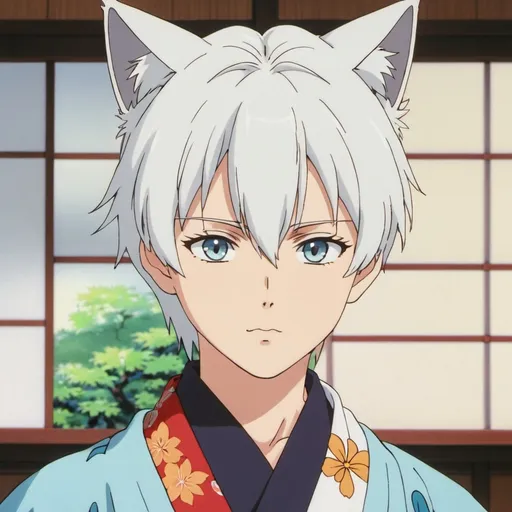 Prompt: 1990s anime screencap, white haired boy with cat ears, anime scene, kimono, pale blue eyes