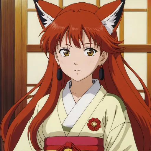 Prompt: 1990s anime screencap, red haired girl with fox ears and nine tails, anime scene, kimono, pale yellow eyes