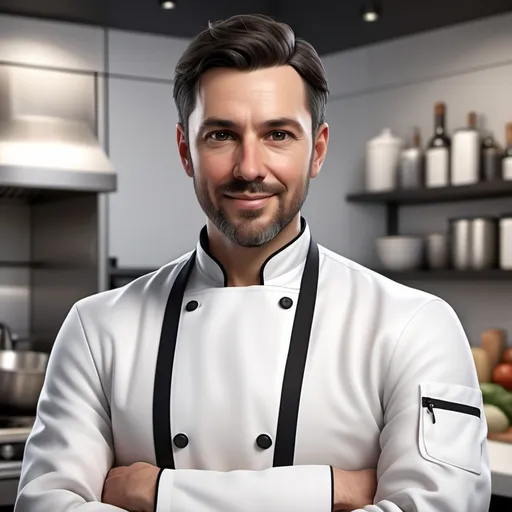 Prompt: "A realistic AI-generated male chef in his early 30s, with short dark hair and a neatly trimmed beard. He is wearing a professional white chef's uniform, featuring a crisp double-breasted jacket and a stylish apron. His expression is friendly and approachable, with a slight smile, making him appear inviting and trustworthy. The background is a modern, sleek kitchen with a minimalist design, perfect for a website or promotional material. The chef stands confidently, holding a kitchen utensil, with soft lighting highlighting his figure, creating a clean and professional atmosphere."