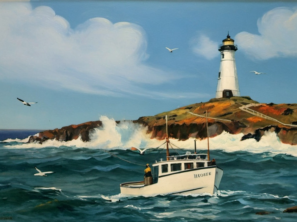 Prompt: a painting of a boat in the ocean near a lighthouse with a bird flying over it and a bird flying over the water, , American scene painting, Edward hopperultrafine detailed painting