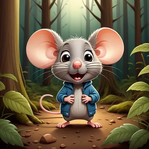 Prompt: A little mouse is afraid of the vibrations spreading in the forest cartoon style
