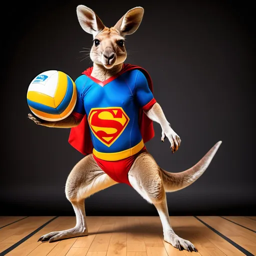 Prompt: Create an image of a kangaroo playing volleyball & wearing a superman costume.