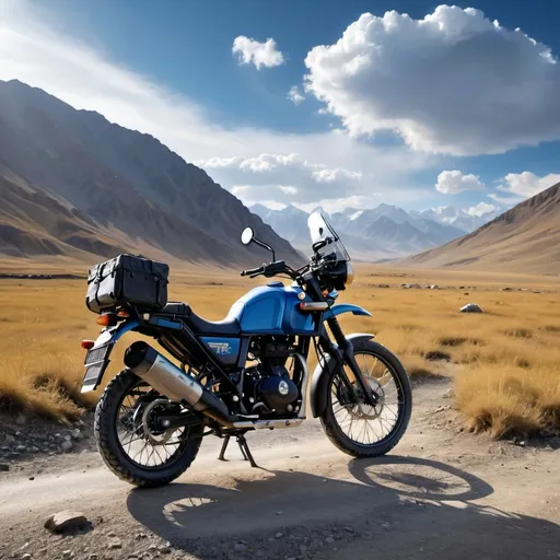 Prompt: (royal enfield himalayan), majestic kazbeg mountain backdrop, rugged terrain, cool tone atmosphere, vibrant blue sky, dramatic clouds, sunlight casting sharp shadows, high quality photo, ultra-detailed, showcasing adventure spirit, evoking a sense of freedom and exploration, enticing wanderlust, striking contrast between bike and majestic landscape, encapsulating the beauty of nature.