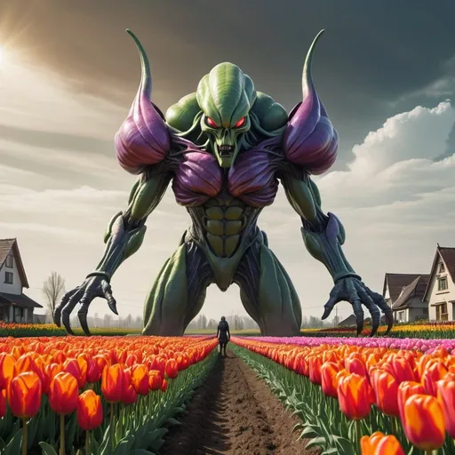 Prompt: Colossal alien creature defending village, tulip field, professional, highres, detailed, sci-fi, fantasy, vibrant colors, atmospheric lighting, alien defense, towering presence, massive scale, intricate details, protective stance, otherworldly, vivid tulips, rural setting