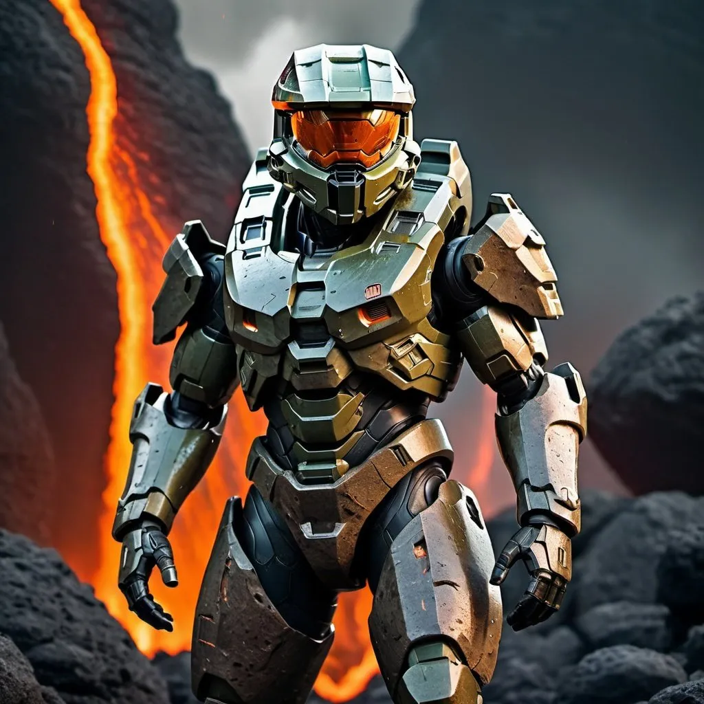 Prompt: Master Chief in volcanic rock armor, lava flow details, highres, ultra-detailed, sci-fi, intense gaze, volcanic rock texture, futuristic setting, detailed visor, powerful stance, cool tones, atmospheric lighting