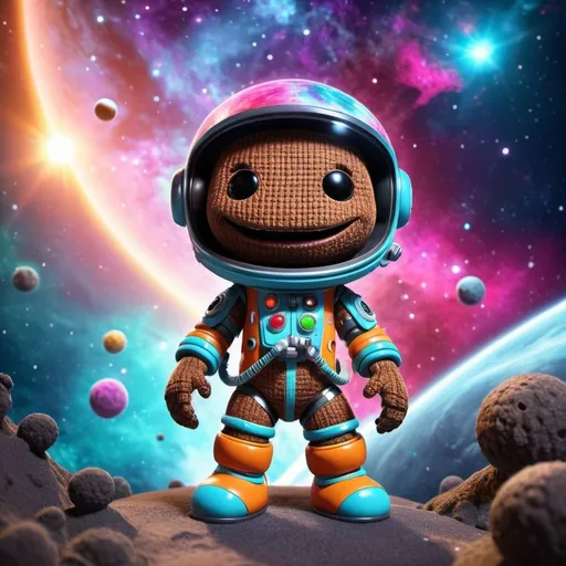 Prompt: Sackboy exploring the universe, digital 3D rendering, colorful nebulae backdrop, intricate space suit details, whimsical alien creatures, high definition, vibrant and playful, cosmic adventure, cute and charming, space exploration, futuristic technological feel, vivid colors, dynamic lighting