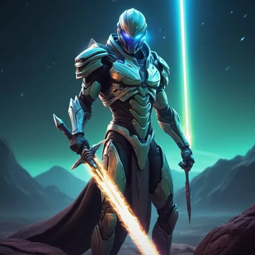 Prompt: The Arbiter wielding an energy sword, detailed armor and weapon, sci-fi digital art style, vibrant glow of the energy sword, dramatic lighting, high quality, futuristic, detailed character design, intense and focused gaze, cool tones, alien landscape