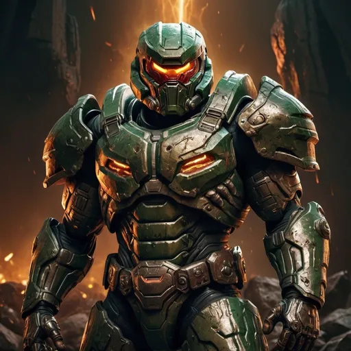 Prompt: The Doom Slayer in Mjolnir armor, hyper-realistic digital illustration, intricate details, high quality, intense action scene, dark and gritty atmosphere, metallic textures, epic battle, sci-fi, futuristic lighting, highres, ultra-detailed, professional, dynamic pose, dynamic lighting, heavy metal tones, fierce expression, glowing eyes, powerful stance, atmospheric lighting