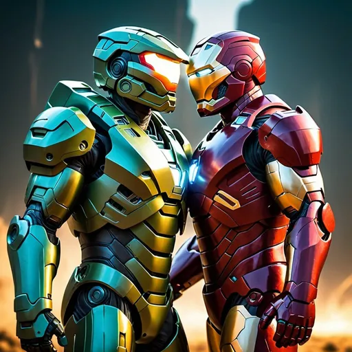 Prompt: Master Chief meets Iron Man, futuristic armor, intense battle stance, high-tech details, metallic sheen, powerful energy glow, sci-fi, action-packed, intense lighting, 4k, ultra-detailed, futuristic, intense battle, armored hero, advanced technology, vibrant energy glow, high quality, dynamic pose, intense action, futuristic armor, metallic sheen