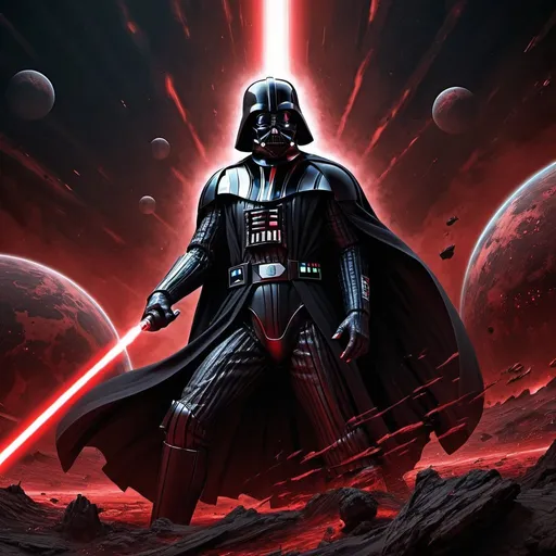 Prompt: Darth Vader using force powers to rip apart a planet, digital art, intense energy, dark and menacing atmosphere, red and black tones, dramatic lighting, detailed planet texture, high quality, ultra-detailed, digital art, sci-fi, dark tones, dramatic lighting, powerful force, menacing, detailed planet texture