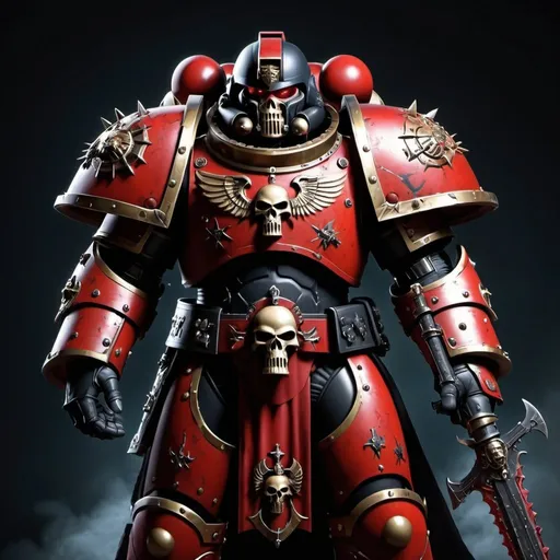 Prompt: Warhammer 40K space marine in gothic red and black armor, medieval style, high-quality rendering, detailed armor, intense and fierce, warhammer 40k, medieval gothic, red and black, detailed, professional, atmospheric lighting