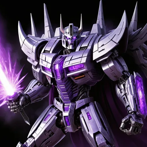 Prompt: Megatron empowered by Unicron, wielding a blade of purple energy, highres, detailed, sci-fi, intense energy, dark tones, futuristic, powerful, menacing aura, detailed mechanical design, glowing purple aura, epic battle scene, high-contrast lighting