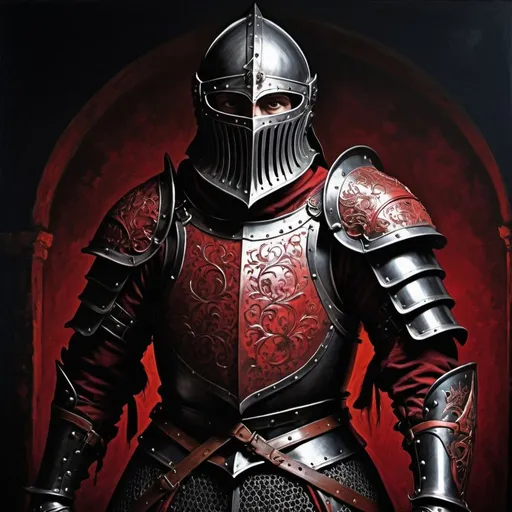 Prompt: Medieval warrior in gothic black and red heavy plate armor , intricate helmet design, battle-ready stance, high contrast lighting, oil painting, detailed engravings, medieval, intense gaze, dramatic shadows, rich color tones, professional, highres, detailed armor, menacing, historical theme, gothic style, intense atmosphere