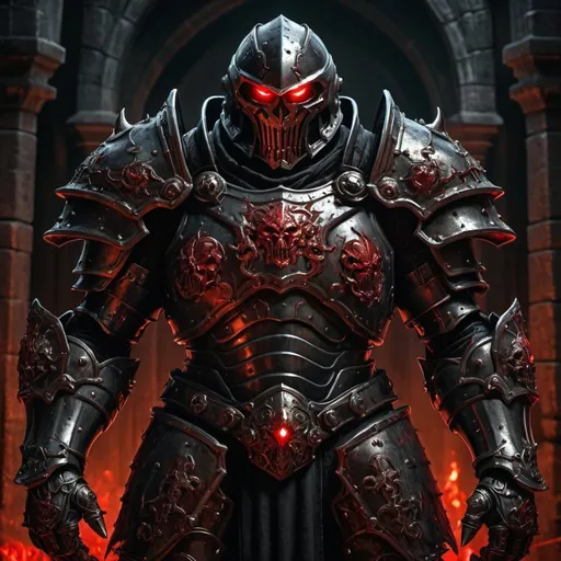 Prompt: The Doom Slayer in medieval Gothic armor, highres, ultra-detailed, realistic fantasy art, dark and menacing atmosphere, detailed armor plating, intense and fierce expression, menacing red glowing eyes, ominous lighting, heavy metal, intricate design, intimidating presence