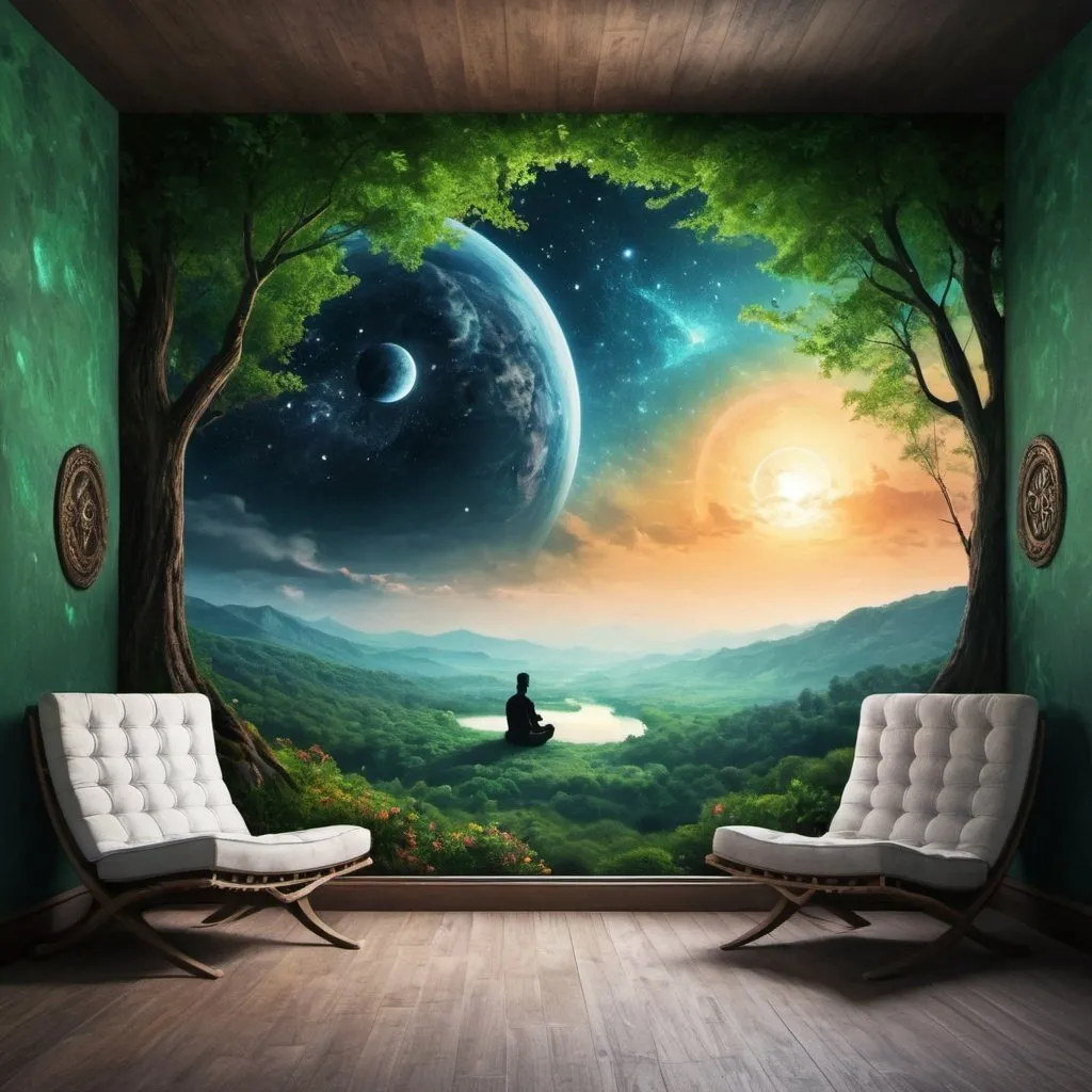 Prompt: a place not less than euphoria where all the elements of nature exist in one scenary where one is sitting and meditating in peace with the universe far from the chaos and worldly pleasures in a canvas of a size of wallpaper which is in high resolution