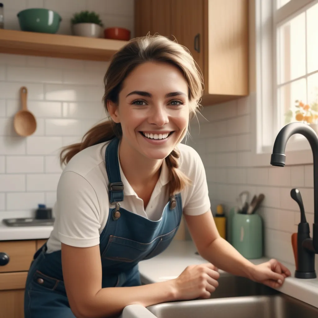 Prompt: smiling plumber fixing a sink, satisfied woman watching, bright and cheerful atmosphere, detailed facial expressions, warm colors depicting a home environment, cozy kitchen setting with tools and a gleaming sink, inviting natural light enhancing the scene, 4K ultra-detailed, capturing the essence of professionalism and customer satisfaction in the moment