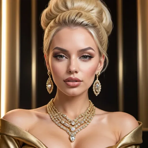 Prompt: female extra large cleavage revealing with full lips u blonde updo designer original hair classy and luxurious  gold outfit  outfit  with gold bling  rings and necklace 