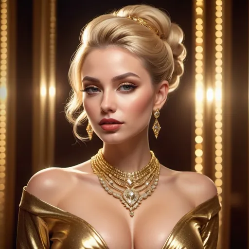 Prompt: female revealing  extra large cleavage full lips  long blonde updo designer original hair classy and luxurious  gold outfit  outfit  with gold bling  rings and necklace 