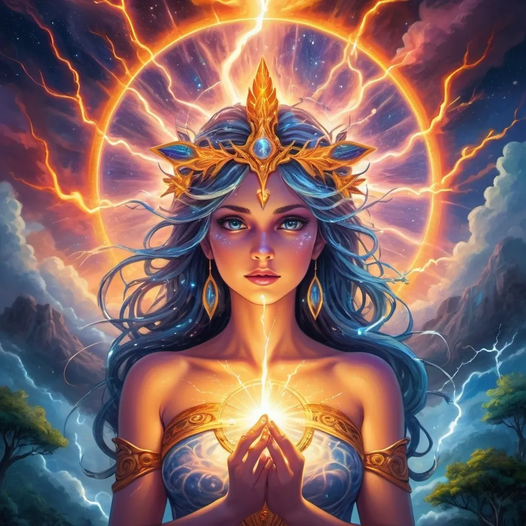 Prompt: A goddess miraculous astroplane of consciousness and power lightening tree struck fire immortal sanity 