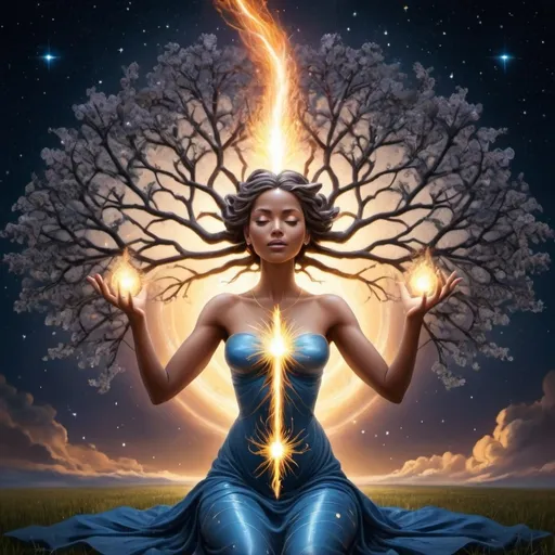 Prompt: A goddess miraculous astroplane of consciousness and power lightening tree struck fire immortal sanity 