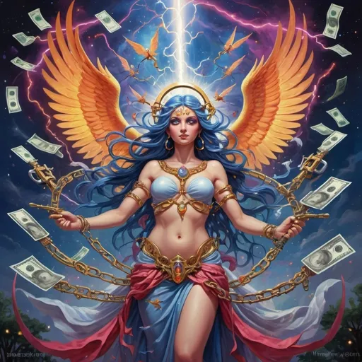 Prompt: A goddess miraculous art portraitwith coy angels harps devils sword guns money broken handcuffs freedom of evil realm of sin in the astroplane of consciousness and power lightening tree struck fire immortal sanity 