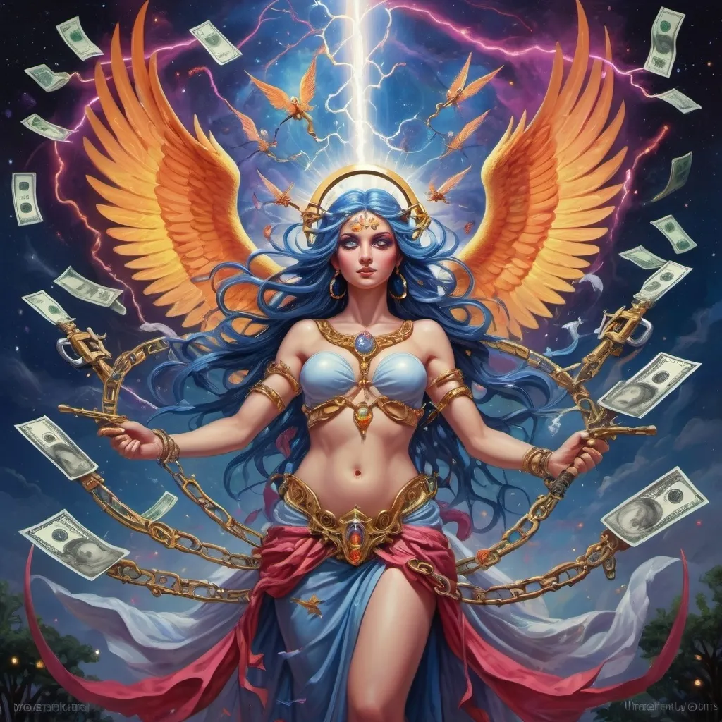 Prompt: A goddess miraculous art portraitwith coy angels harps devils sword guns money broken handcuffs freedom of evil realm of sin in the astroplane of consciousness and power lightening tree struck fire immortal sanity 