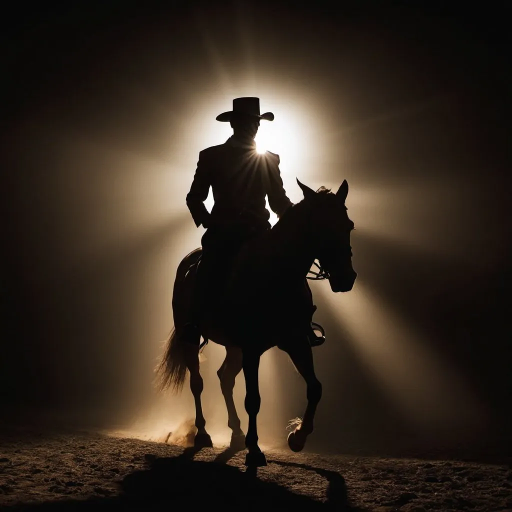 Prompt: Backlit photo of a man on horse. Silhouette, dramatic, artistic, shadowy