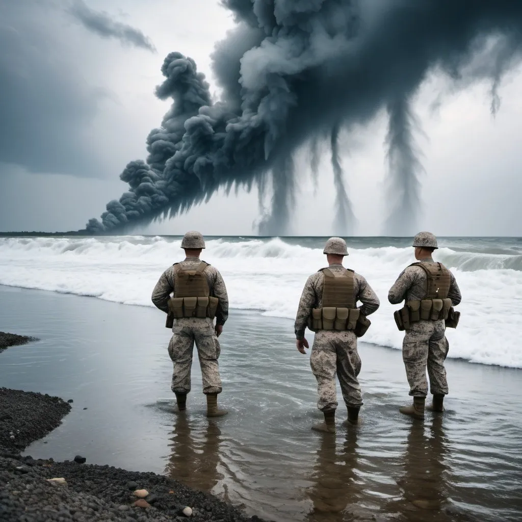 Prompt: Please create an image of water contamination going into the sea, rivers and streams, with Marines standing overhead in a cloud.