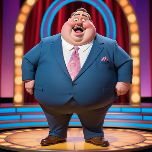 Prompt: Disney style gameshow host, fat face, short, fat, suit is too tight. he has exaggerated features making him funny to look at