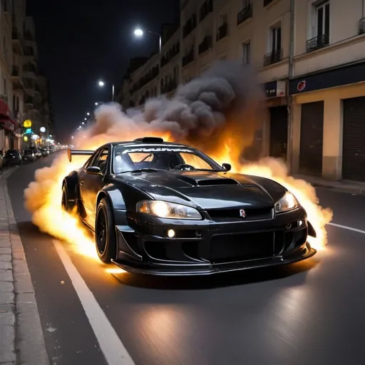Prompt: Black racing car look wild, jumping on the street, it goes very fast in city at night, boucane and pipe fire