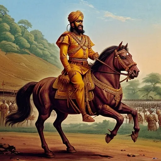 Prompt: The famous king Shivaji from maharashtra India who fought with Mughals riding on a horse