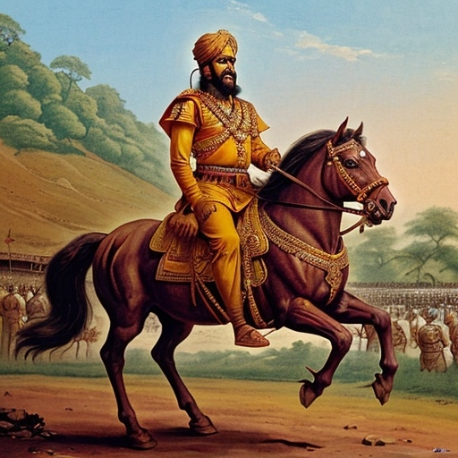 Prompt: The famous king Shivaji from maharashtra India who fought with Mughals riding on a horse