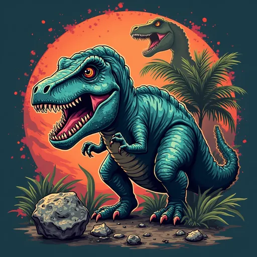 Prompt: Dynamic football team logo, dinosaur, pop punk, meteorite, Hawaiian shirt, 
