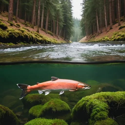 Prompt: A photo of salmon in water and forest